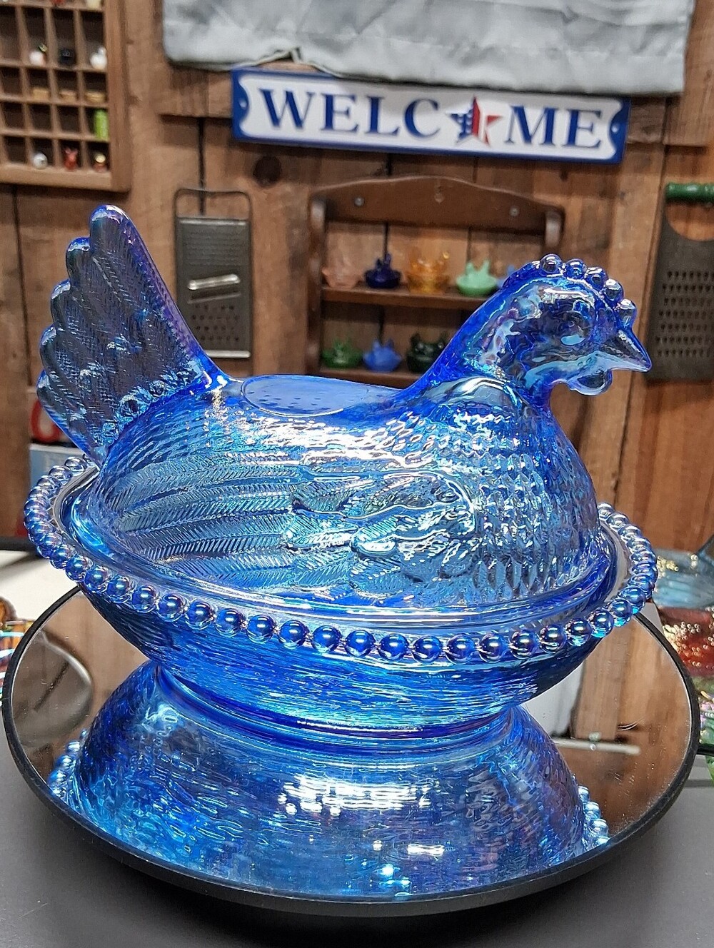 Iridecent Blue Carnival Glass Hen On Nest - Vintage Style